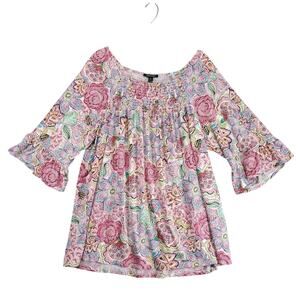 Robert Louis Floral Peasant Top Blouse Plus Size 3X 3/4 Bell Sleeves Smocked